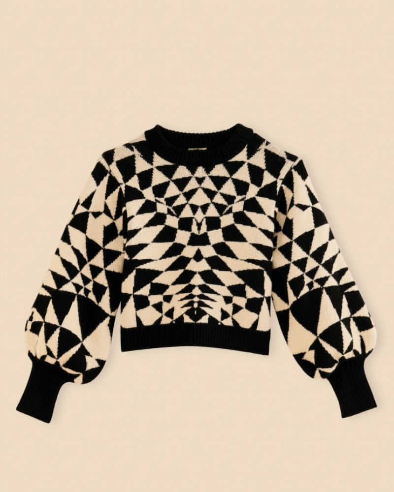 Front of a model wearing a size L Women's Knit Sweater in Heart Deco Black in Heart Deco Black by FARM RIO. | dia_product_style_image_id:364255